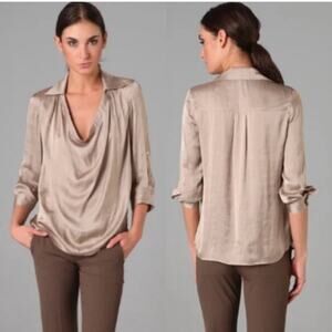Vince Metallic Taupe Draped Cowl Neck Satin Blouse Sz 6